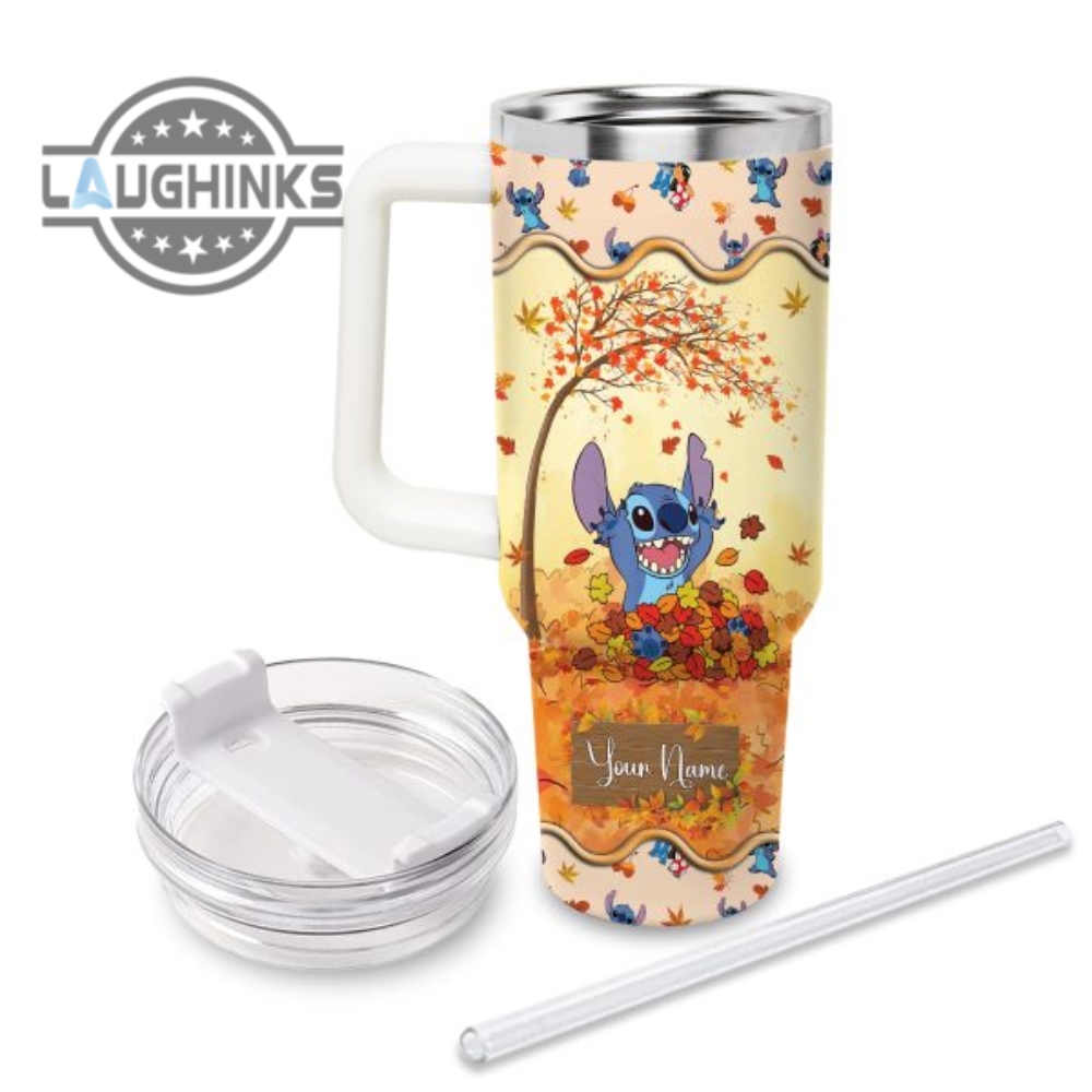 Custom Name Stitch Most Wonderful Time Fall Leaf Pattern 40Oz Stainless Steel Tumbler With Handle And Straw Lid Personalized Stanley Tumbler Dupe 40 Oz Stainless Steel Travel Cups