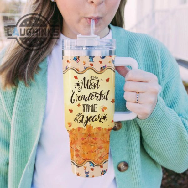 custom name stitch most wonderful time fall leaf pattern 40oz stainless steel tumbler with handle and straw lid personalized stanley tumbler dupe 40 oz stainless steel travel cups laughinks 1 4