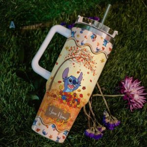 custom name stitch most wonderful time fall leaf pattern 40oz stainless steel tumbler with handle and straw lid personalized stanley tumbler dupe 40 oz stainless steel travel cups laughinks 1 5