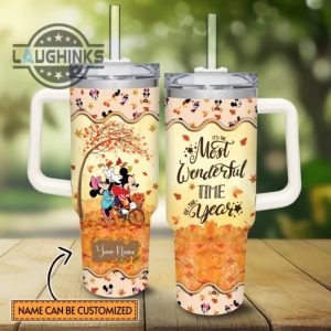 custom name mickey mouse most wonderful time fall leaf pattern 40oz stainless steel tumbler with handle and straw lid personalized stanley tumbler dupe 40 oz stainless steel travel cups laughinks 1