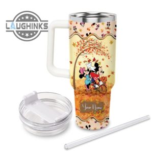 custom name mickey mouse most wonderful time fall leaf pattern 40oz stainless steel tumbler with handle and straw lid personalized stanley tumbler dupe 40 oz stainless steel travel cups laughinks 1 1