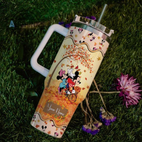 custom name mickey mouse most wonderful time fall leaf pattern 40oz stainless steel tumbler with handle and straw lid personalized stanley tumbler dupe 40 oz stainless steel travel cups laughinks 1 5