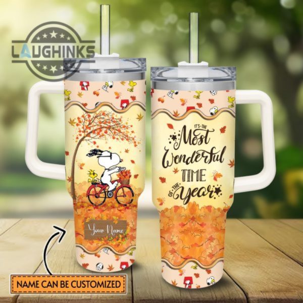 custom name snoopy most wonderful time fall leaf pattern 40oz stainless steel tumbler with handle and straw lid personalized stanley tumbler dupe 40 oz stainless steel travel cups laughinks 1