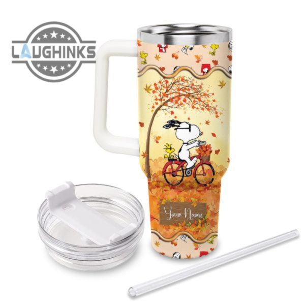 custom name snoopy most wonderful time fall leaf pattern 40oz stainless steel tumbler with handle and straw lid personalized stanley tumbler dupe 40 oz stainless steel travel cups laughinks 1 1