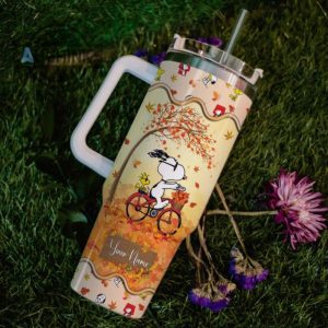 custom name snoopy most wonderful time fall leaf pattern 40oz stainless steel tumbler with handle and straw lid personalized stanley tumbler dupe 40 oz stainless steel travel cups laughinks 1 5