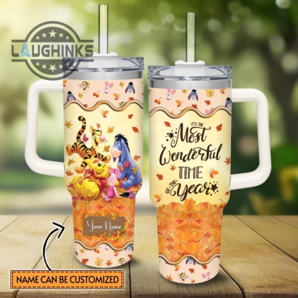 custom name winnie the pooh most wonderful time fall leaf pattern 40oz stainless steel tumbler with handle and straw lid personalized stanley tumbler dupe 40 oz stainless steel travel cups laughinks 1 6