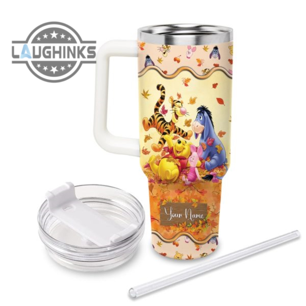 Custom Name Winnie The Pooh Most Wonderful Time Fall Leaf Pattern 40Oz Stainless Steel Tumbler With Handle And Straw Lid Personalized Stanley Tumbler Dupe 40 Oz Stainless Steel Travel Cups