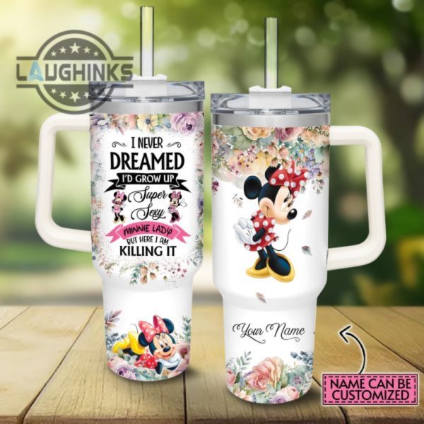 custom name super sexy minnie mouse lady vintage flower pattern 40oz stainless steel tumbler with handle and straw lid personalized stanley tumbler dupe 40 oz stainless steel travel cups laughinks 1