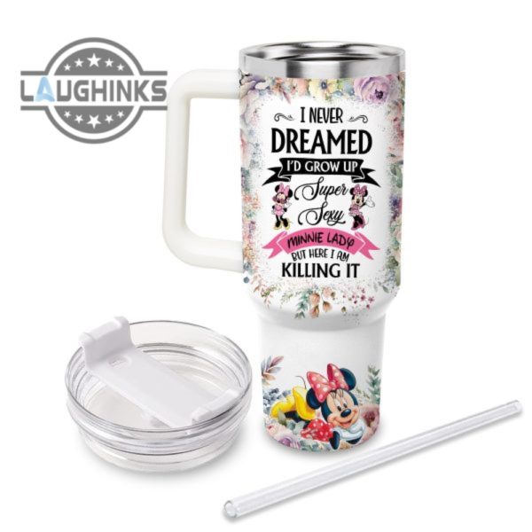 custom name super sexy minnie mouse lady vintage flower pattern 40oz stainless steel tumbler with handle and straw lid personalized stanley tumbler dupe 40 oz stainless steel travel cups laughinks 1 1