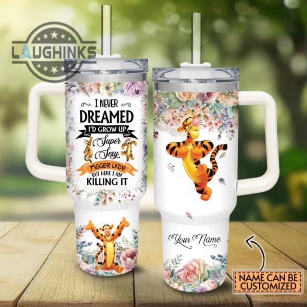 custom name super sexy tigger lady vintage flower pattern 40oz stainless steel tumbler with handle and straw lid personalized stanley tumbler dupe 40 oz stainless steel travel cups laughinks 1
