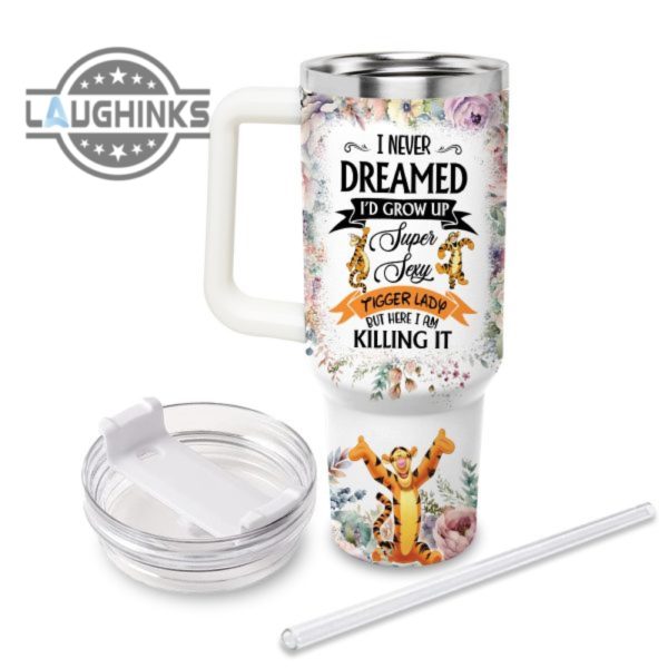 custom name super sexy tigger lady vintage flower pattern 40oz stainless steel tumbler with handle and straw lid personalized stanley tumbler dupe 40 oz stainless steel travel cups laughinks 1 1
