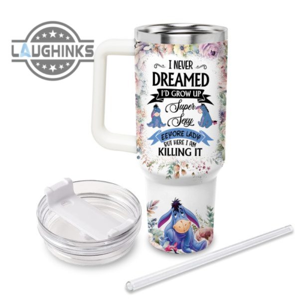 custom name super sexy eeyore lady vintage flower pattern 40oz stainless steel tumbler with handle and straw lid personalized stanley tumbler dupe 40 oz stainless steel travel cups laughinks 1 1