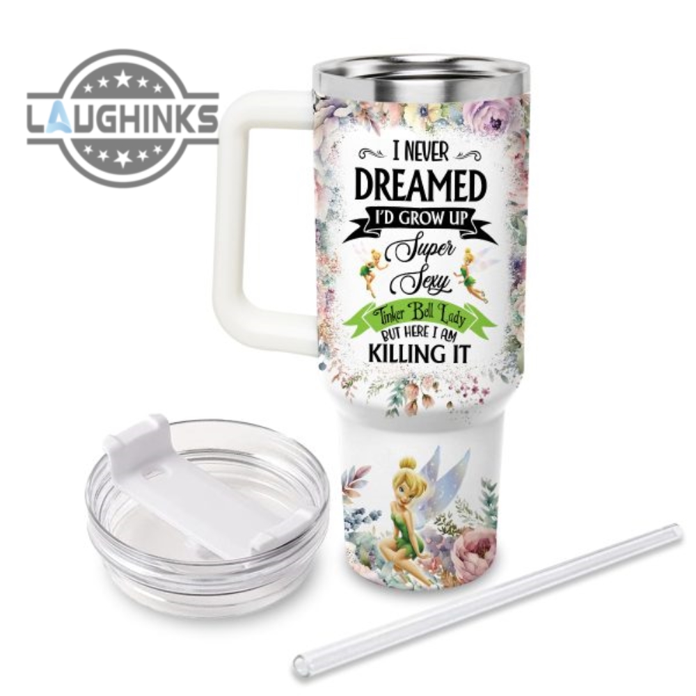 Custom Name Super Sexy Tinker Bell Lady Vintage Flower Pattern 40Oz Stainless Steel Tumbler With Handle And Straw Lid Personalized Stanley Tumbler Dupe 40 Oz Stainless Steel Travel Cups