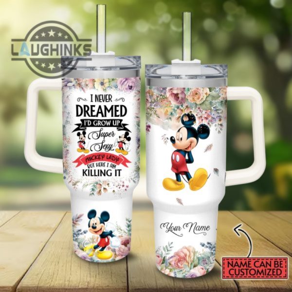 custom name super sexy mickey mouse lady vintage flower pattern 40oz stainless steel tumbler with handle and straw lid personalized stanley tumbler dupe 40 oz stainless steel travel cups laughinks 1