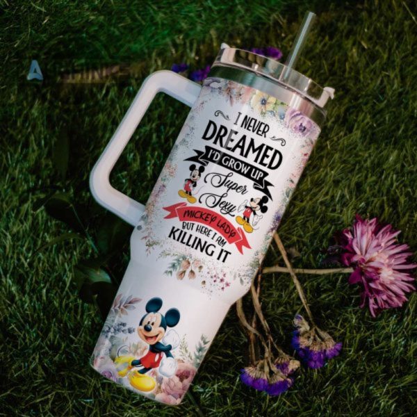 custom name super sexy mickey mouse lady vintage flower pattern 40oz stainless steel tumbler with handle and straw lid personalized stanley tumbler dupe 40 oz stainless steel travel cups laughinks 1 5