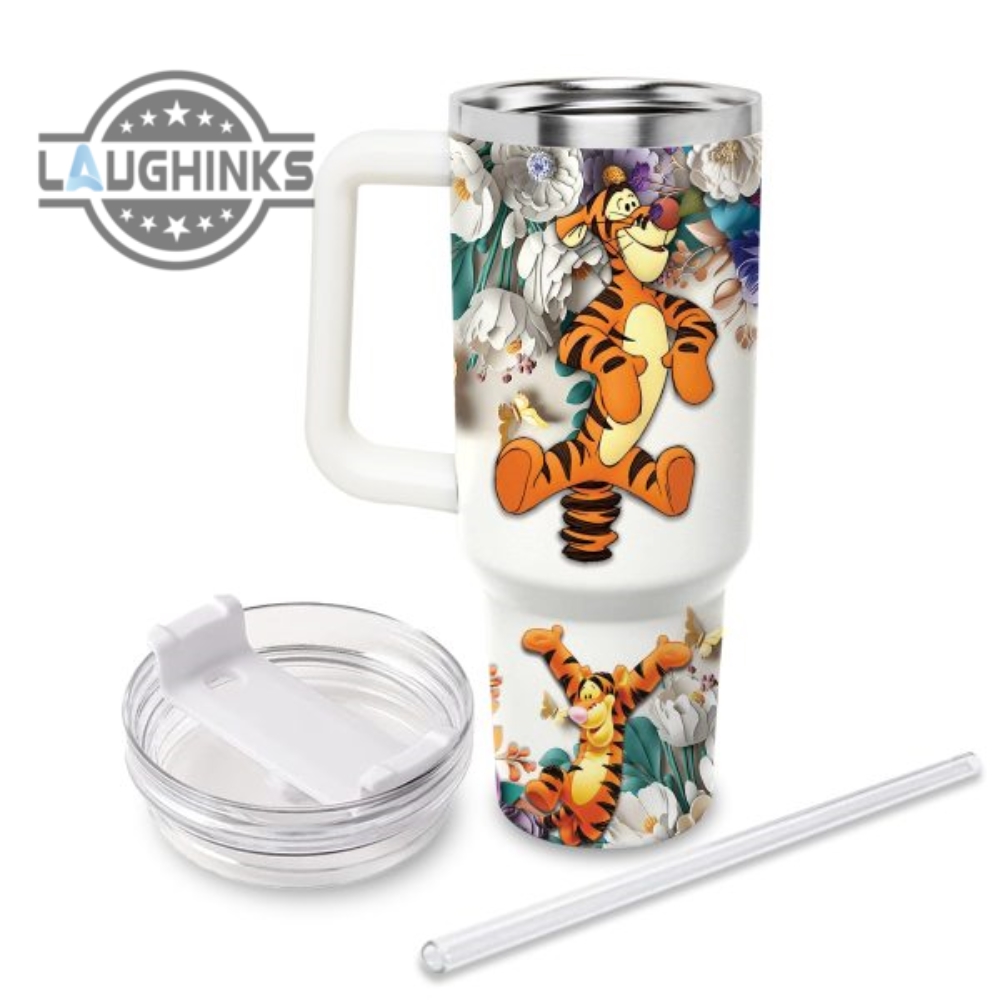 Custom Name Tigger 3D Colorful Flower Sublimation Pattern 40Oz Tumbler With Handle And Straw Lid Personalized Stanley Tumbler Dupe 40 Oz Stainless Steel Travel Cups
