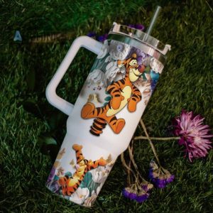 custom name tigger 3d colorful flower sublimation pattern 40oz tumbler with handle and straw lid personalized stanley tumbler dupe 40 oz stainless steel travel cups laughinks 1 5