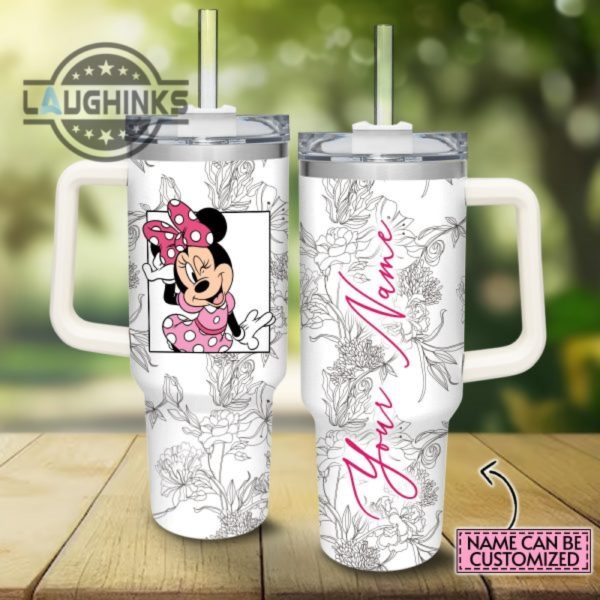 custom name minnie mouse sketch flower pattern white 40oz stainless steel tumbler with handle and straw lid personalized stanley tumbler dupe 40 oz stainless steel travel cups laughinks 1