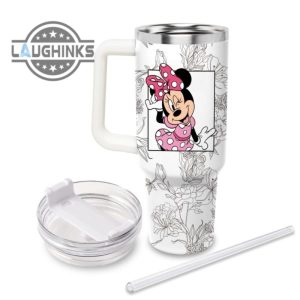 custom name minnie mouse sketch flower pattern white 40oz stainless steel tumbler with handle and straw lid personalized stanley tumbler dupe 40 oz stainless steel travel cups laughinks 1 1