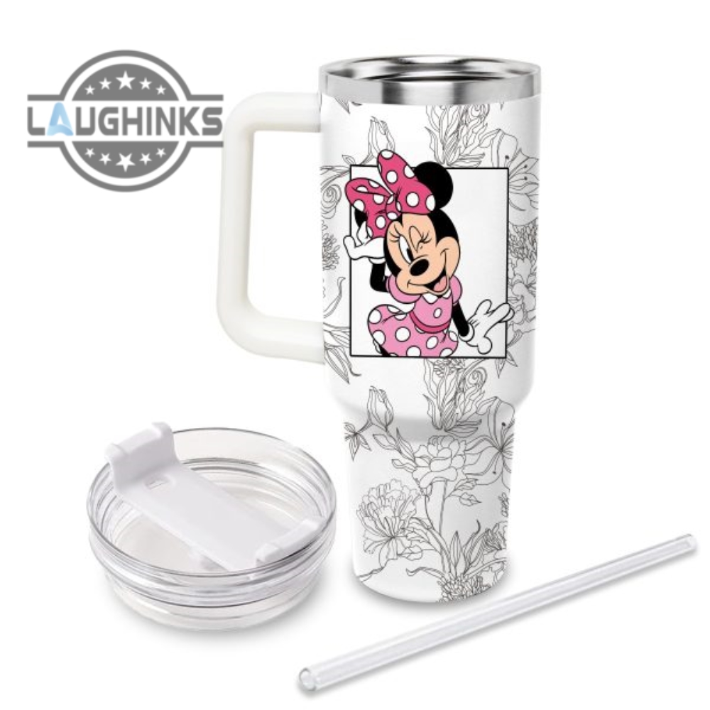 Custom Name Minnie Mouse Sketch Flower Pattern White 40Oz Stainless Steel Tumbler With Handle And Straw Lid Personalized Stanley Tumbler Dupe 40 Oz Stainless Steel Travel Cups