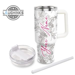 custom name minnie mouse sketch flower pattern white 40oz stainless steel tumbler with handle and straw lid personalized stanley tumbler dupe 40 oz stainless steel travel cups laughinks 1 2