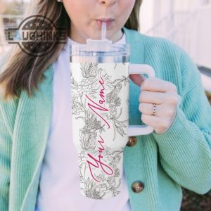 custom name minnie mouse sketch flower pattern white 40oz stainless steel tumbler with handle and straw lid personalized stanley tumbler dupe 40 oz stainless steel travel cups laughinks 1 4