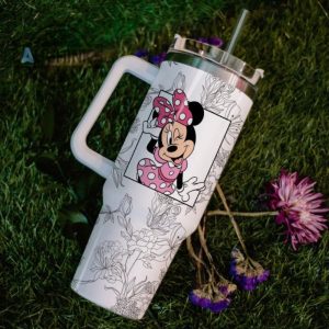 custom name minnie mouse sketch flower pattern white 40oz stainless steel tumbler with handle and straw lid personalized stanley tumbler dupe 40 oz stainless steel travel cups laughinks 1 5