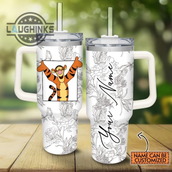 custom name tigger sketch flower pattern white 40oz stainless steel tumbler with handle and straw lid personalized stanley tumbler dupe 40 oz stainless steel travel cups laughinks 1