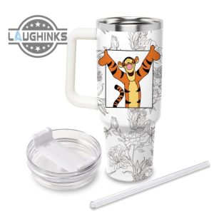 custom name tigger sketch flower pattern white 40oz stainless steel tumbler with handle and straw lid personalized stanley tumbler dupe 40 oz stainless steel travel cups laughinks 1 1