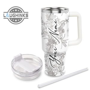 custom name tigger sketch flower pattern white 40oz stainless steel tumbler with handle and straw lid personalized stanley tumbler dupe 40 oz stainless steel travel cups laughinks 1 2