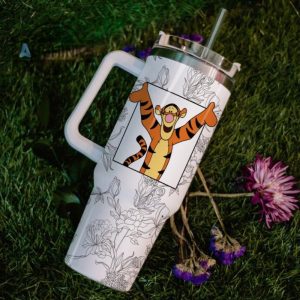 custom name tigger sketch flower pattern white 40oz stainless steel tumbler with handle and straw lid personalized stanley tumbler dupe 40 oz stainless steel travel cups laughinks 1 5