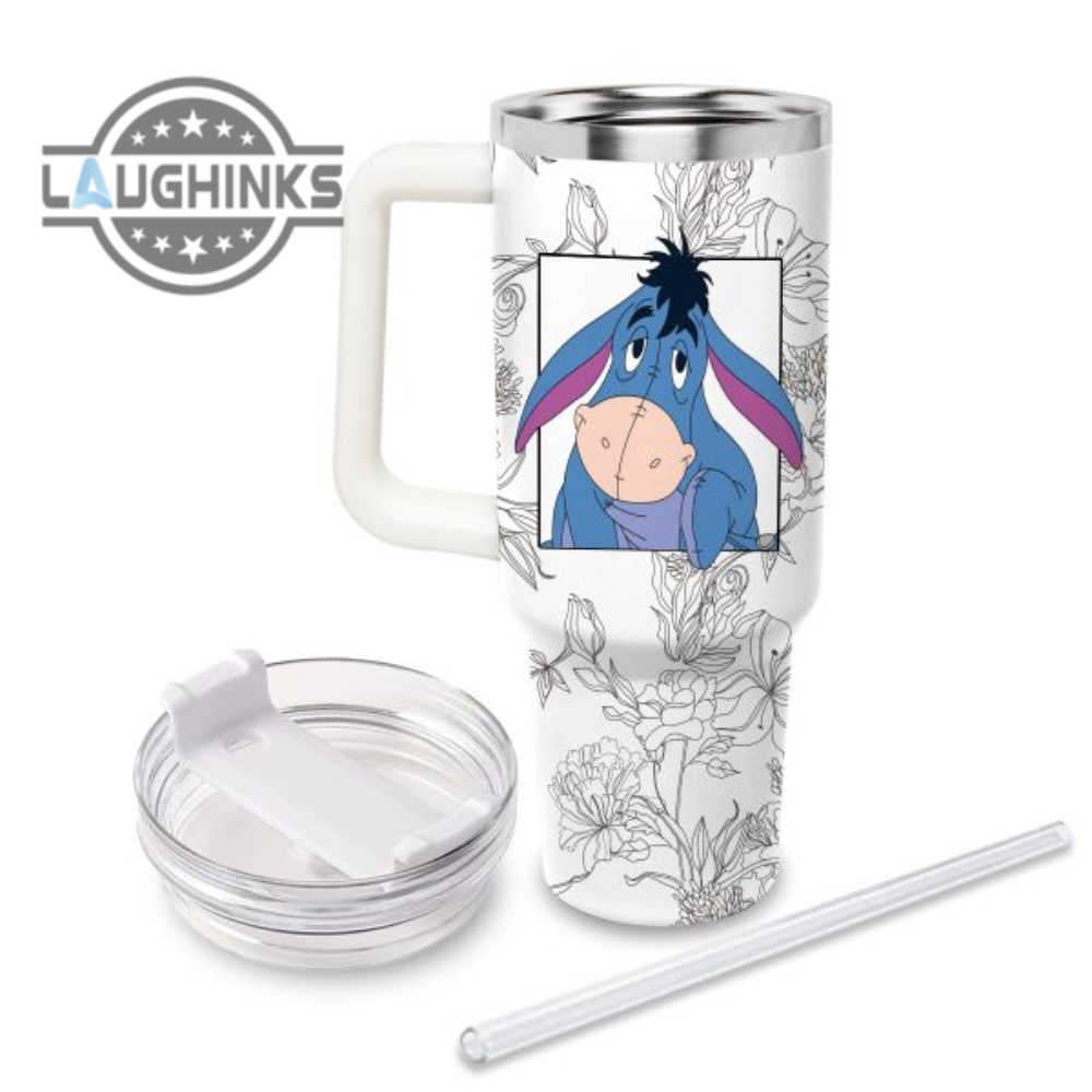 Custom Name Eeyore Sketch Flower Pattern White 40Oz Stainless Steel Tumbler With Handle And Straw Lid Personalized Stanley Tumbler Dupe 40 Oz Stainless Steel Travel Cups