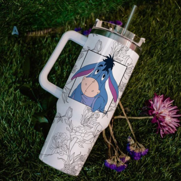 custom name eeyore sketch flower pattern white 40oz stainless steel tumbler with handle and straw lid personalized stanley tumbler dupe 40 oz stainless steel travel cups laughinks 1 5