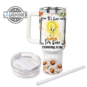 custom name everything is fine tweety daisy flower pattern 40oz stainless steel tumbler with handle and straw lid personalized stanley tumbler dupe 40 oz stainless steel travel cups laughinks 1 1