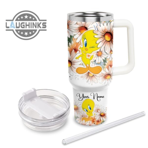 custom name everything is fine tweety daisy flower pattern 40oz stainless steel tumbler with handle and straw lid personalized stanley tumbler dupe 40 oz stainless steel travel cups laughinks 1 2