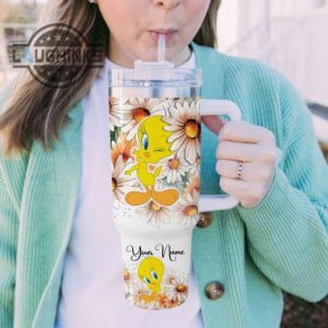 custom name everything is fine tweety daisy flower pattern 40oz stainless steel tumbler with handle and straw lid personalized stanley tumbler dupe 40 oz stainless steel travel cups laughinks 1 4
