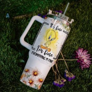 custom name everything is fine tweety daisy flower pattern 40oz stainless steel tumbler with handle and straw lid personalized stanley tumbler dupe 40 oz stainless steel travel cups laughinks 1 5