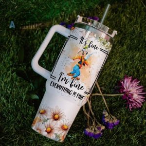 custom name everything is fine goofy daisy flower pattern 40oz stainless steel tumbler with handle and straw lid personalized stanley tumbler dupe 40 oz stainless steel travel cups laughinks 1 5