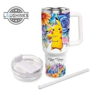 custom name its fine im fine pikachu colorful flower pattern 40oz stainless steel tumbler with handle and straw lid personalized stanley tumbler dupe 40 oz stainless steel travel cups laughinks 1 2