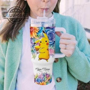 custom name its fine im fine pikachu colorful flower pattern 40oz stainless steel tumbler with handle and straw lid personalized stanley tumbler dupe 40 oz stainless steel travel cups laughinks 1 4