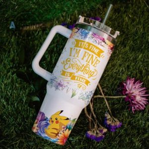 custom name its fine im fine pikachu colorful flower pattern 40oz stainless steel tumbler with handle and straw lid personalized stanley tumbler dupe 40 oz stainless steel travel cups laughinks 1 5