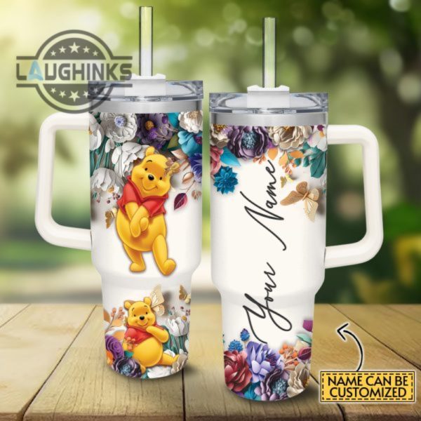 custom name winnie the pooh 3d colorful flower sublimation pattern 40oz tumbler with handle and straw lid personalized stanley tumbler dupe 40 oz stainless steel travel cups laughinks 1
