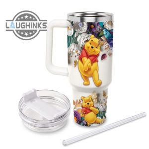 custom name winnie the pooh 3d colorful flower sublimation pattern 40oz tumbler with handle and straw lid personalized stanley tumbler dupe 40 oz stainless steel travel cups laughinks 1 1