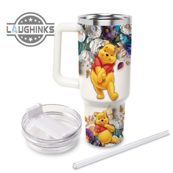 custom name winnie the pooh 3d colorful flower sublimation pattern 40oz tumbler with handle and straw lid personalized stanley tumbler dupe 40 oz stainless steel travel cups laughinks 1 1