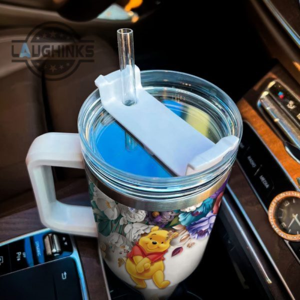 custom name winnie the pooh 3d colorful flower sublimation pattern 40oz tumbler with handle and straw lid personalized stanley tumbler dupe 40 oz stainless steel travel cups laughinks 1 3