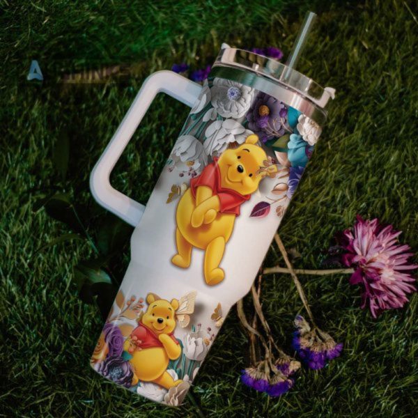 custom name winnie the pooh 3d colorful flower sublimation pattern 40oz tumbler with handle and straw lid personalized stanley tumbler dupe 40 oz stainless steel travel cups laughinks 1 5