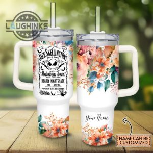 custom name jack skellington halloween town flower pattern 40oz tumbler with handle and straw lid personalized stanley tumbler dupe 40 oz stainless steel travel cups laughinks 1