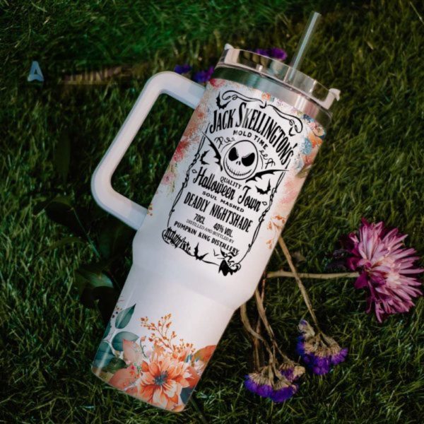 custom name jack skellington halloween town flower pattern 40oz tumbler with handle and straw lid personalized stanley tumbler dupe 40 oz stainless steel travel cups laughinks 1 5