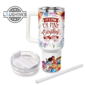 custom name its fine im fine moana colorful flower pattern 40oz stainless steel tumbler with handle and straw lid personalized stanley tumbler dupe 40 oz stainless steel travel cups laughinks 1 1