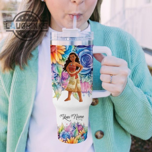 custom name its fine im fine moana colorful flower pattern 40oz stainless steel tumbler with handle and straw lid personalized stanley tumbler dupe 40 oz stainless steel travel cups laughinks 1 4
